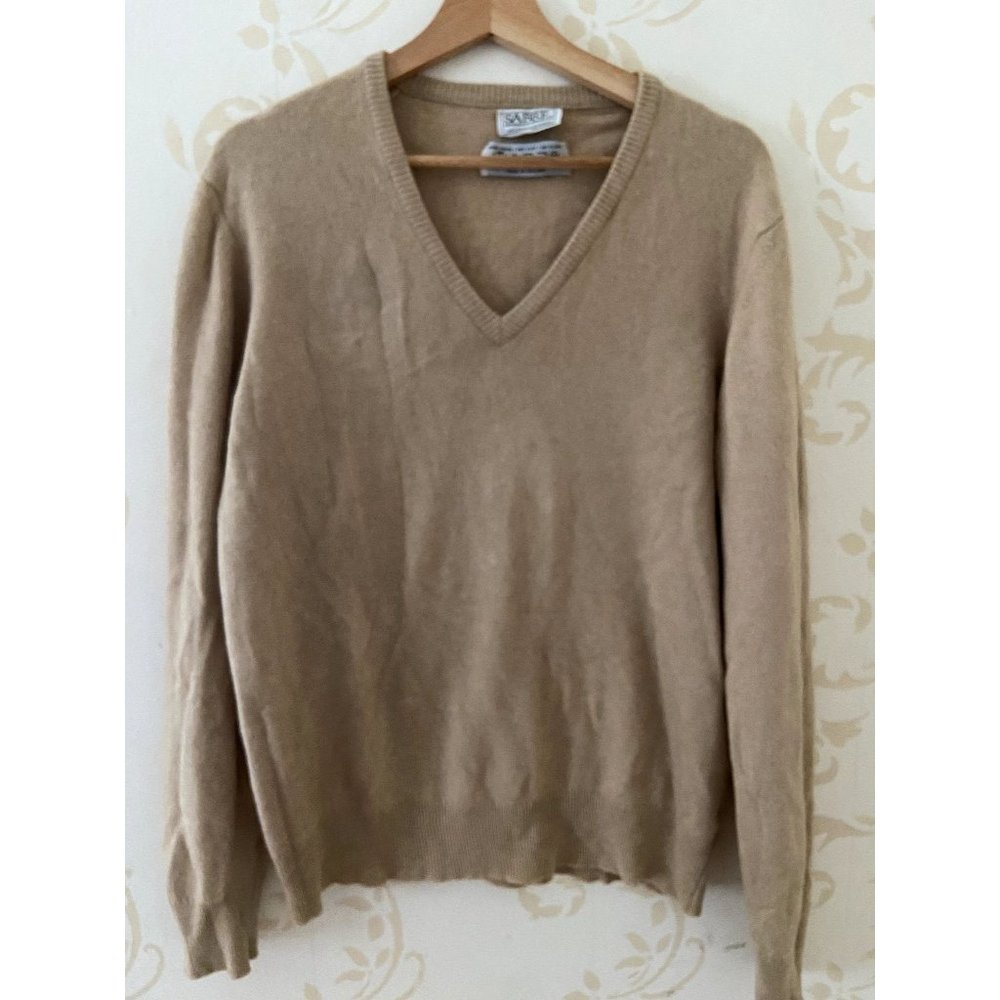Mens Size Large England Sabre 100% Cashmere Beige V-Neck Sweater